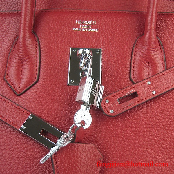 Hermes 35cm Embossed Veins Leather Bag Red 6089 Silver Hardware